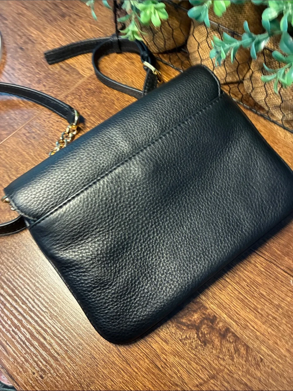 Michael Kors Black Leather Crossbody with Gold Chain Accent